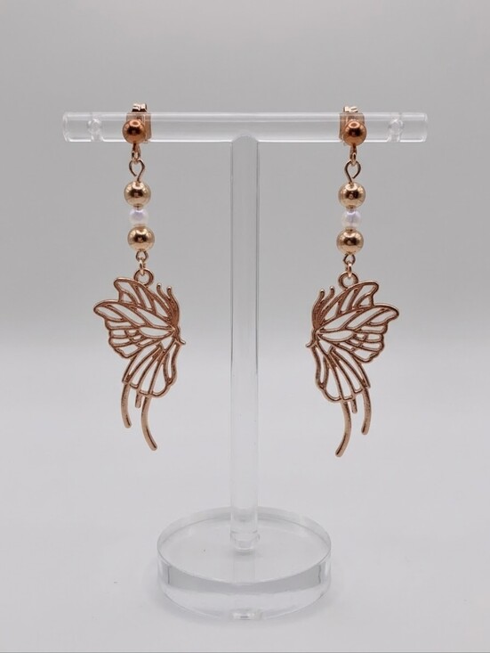Hand Crafted Jewelry - Rose Gold Butterfly Wing Drop Earrings - Hypoallergenic Posts